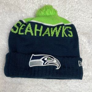 Seattle Seahawks New Era College Navy Repeat Cuffed Knit Hat with Pom One Size